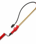 Six Foot Toilet Auger Snake For Beating Stubborn Toilet Clogs With Heavy Duty Hand Crank And Flex Spring Cable angled view with red handle and flexible shaft