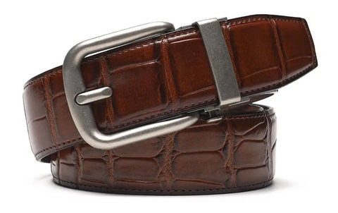 Leather Ratchet Dress Belt For Men With Automatic Buckle Handmade All Leather Strap Ultra Smooth Scratch Resistant Buckle Adjustable Holeless Fit Up To One Fifth Inch 38 Millimeter Wide Brown Size 36 38, crocodile pattern