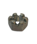 Heavy Duty Hex Slotted Castle Nuts Plain Black Steel 1-1/4 Inch 12 Fine Thread showing detailed view of the nut's texture and shape.