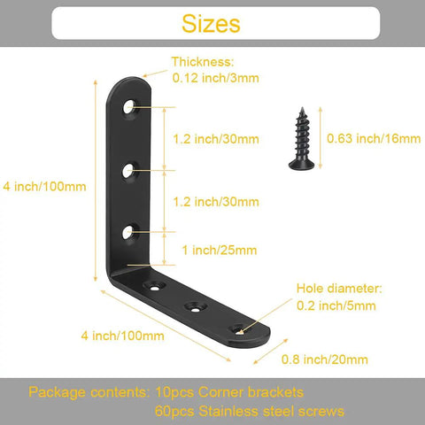 Diagram showing 10Pcs Black L Bracket Corner Braces 4 Inch Stainless Steel Heavy Duty Shelf Brackets For Wood And Shelves Wall Mount dimensions.