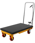 Heavy Duty Hydraulic Lift Table Cart With Smooth Rolling Locking Casters And Quick Fold Design, 28.5 Inch single scissor workbench features a black platform.