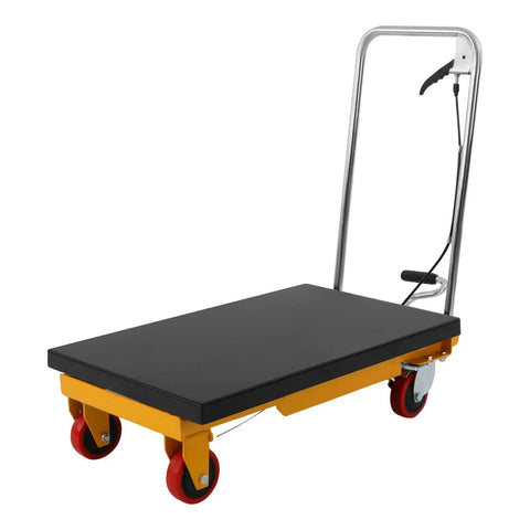 Heavy Duty Hydraulic Lift Table Cart With Smooth Rolling Locking Casters And Quick Fold Design, 28.5 Inch single scissor workbench features a black platform.