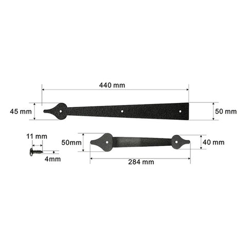 Dimensions of Six Piece Set Garage Door Handle Hinges Decorative Hardware Kit components, highlighting length and width in mm.
