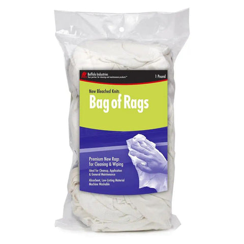 Image of a 1 lb bag of white bleached knit rags for all purpose wiping cleaning and polishing, medium weight T-shirt material.