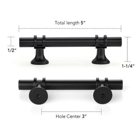 Black Cabinet Pulls 25 Pack, 3 Inch Hole Center, 5 Inch Total Length, 1/2 Inch Diameter, 1-1/4 Inch Projection, black steel handles