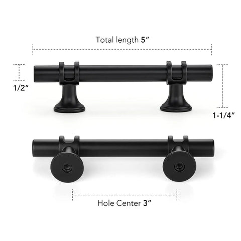 Black Cabinet Pulls 15 Pack With Three Inch Hole Centers, Easy Install, Five Inch Long, One Half Inch Diameter, One And One Quarter Inch Projection