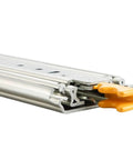 Premium Dead Quiet Heavy Duty Drawer Slides Featuring Smooth As Butter Ball Bearing Glide And Quick Detach Design For Full Extension Cabinet Hardware Built Like A Tank close-up of metal ball bearing slide with orange quick detach feature.