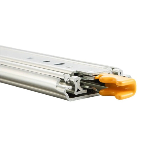 Premium Dead Quiet Heavy Duty Drawer Slides Featuring Smooth As Butter Ball Bearing Glide And Quick Detach Design For Full Extension Cabinet Hardware Built Like A Tank close-up of metal ball bearing slide with orange quick detach feature.