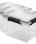 3 Pack 19 Quart Waterproof Storage Bins IP68 Clear Plastic Totes With Gasket Sealed Lids stacked showing heavy duty black hardware.