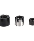 Durable Steel CNC Collet Nuts For Woodworking Machines That Fit ER11M ER16M ER20M showing three sizes for spindle tightness.