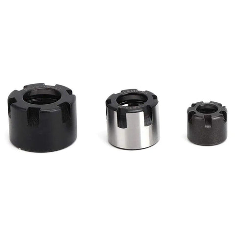 Durable Steel CNC Collet Nuts For Woodworking Machines That Fit ER11M ER16M ER20M showing three sizes for spindle tightness.
