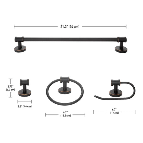 Camden 5-Piece All-In-One Bathroom Set With 3-Light Vanity Bar, Seeded Glass Shades, Towel Bar, Towel Ring, Robe Hook And Toilet Paper Holder In Vintage Bronze Finish dimensions