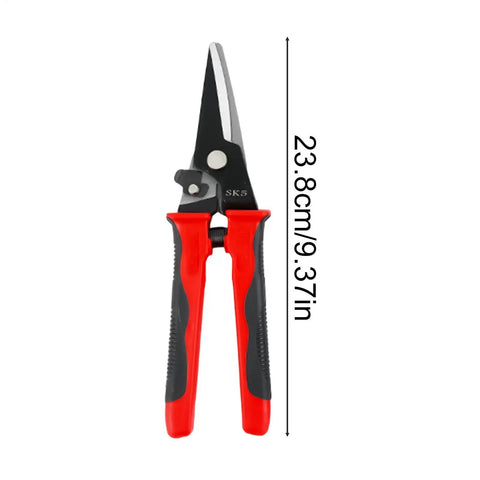 Non Slip Snip Shears For Sheet Metal 9 Inch Manganese Steel Cutter with red ergonomic grip and labor saving lever