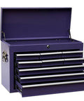 Portable Metal Tool Chest With 9 Drawers 24 Inch Cabinet Ball Bearing Drawer Slides Locking Central Cam Full Length Hinge Steel Tool Storage Box Organizer Purple