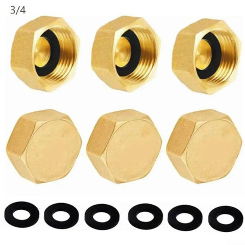 3/4 Premium Brass Hose End Cap Kit With 6 Durable Pieces For Garden Hoses Features Secure Hex Fit And Leak Proof Sealing Rings In 1/2 And 3/4 Inch Sizes Perfect For Keeping Your Outdoor Plumbing Safe And Sound This Heavy Duty Set Is Totally Legit For Any