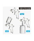 Professional Manual Pneumatic Paint Sprayer With Hella Adjustable Wide Fan Pattern For Smooth Auto Touch Ups And Precision Painting Tasks Lightweight Ergonomic Design For All Day Use showing pressure, gravity, and suction feed options.