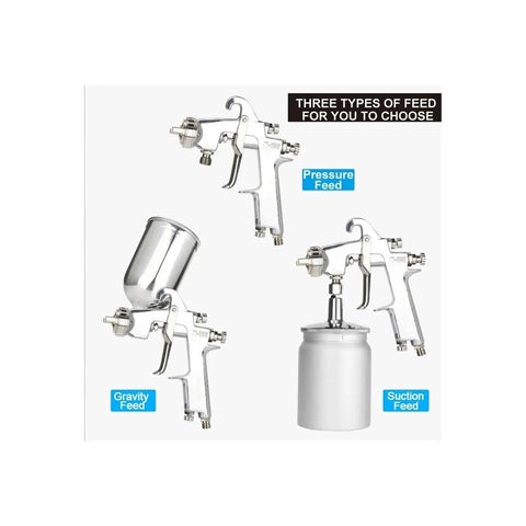 Professional Manual Pneumatic Paint Sprayer With Hella Adjustable Wide Fan Pattern For Smooth Auto Touch Ups And Precision Painting Tasks Lightweight Ergonomic Design For All Day Use showing pressure, gravity, and suction feed options.