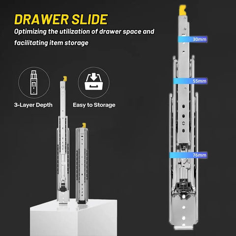 Hella Sturdy Heavy Duty Drawer Slides With Lock full extension telescopic rails showcasing 30mm, 55mm, and 76mm sizes.
