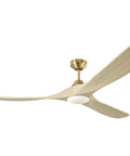 Smart 70 Inch Led Ceiling Fan In Burnished Brass With Hand Carved White Oak Balsa Blades viewed from below with light on.