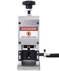 Lmaoss Manual Wire Stripper Machine Drill Powered Hand Crank Copper Cable Peeler adjustable aluminum tool with danger warning sign.