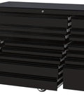 Badass Heavy Duty Rolling Tool Cabinet With Extra Wide Drawers Full Extension Ball Bearing Slides Reinforced Steel Frame Smooth Magnetic Casters Black Finish Solid As A Rock Garage Shop, featuring multiple drawers and casters.