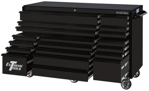 Badass Heavy Duty Rolling Tool Cabinet With Extra Wide Drawers Full Extension Ball Bearing Slides Reinforced Steel Frame Smooth Magnetic Casters Black Finish Solid As A Rock Garage Shop, featuring multiple drawers and casters.