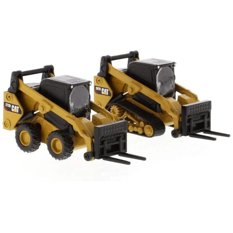 1 64 Scale Cat Skid Steer Loader And 297D2 Compact Track Loader Set With Diecast Metal Construction and interchangeable accessories