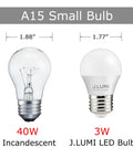 Comparison of 40W incandescent bulb and Tiny A15 G45 LED Bulb 3W 270 Lumens 3000K Soft White 25W Equivalent E26 Medium Base Frosted