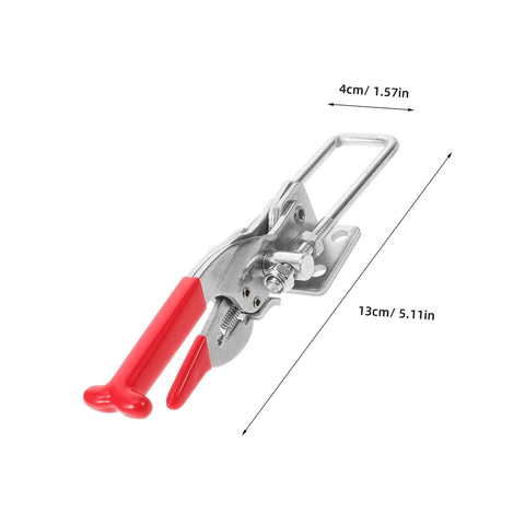 Rubber T Handle Draw Latches for tool boxes and hoods, silver metal body with red handle, dimensions 4cm x 13cm