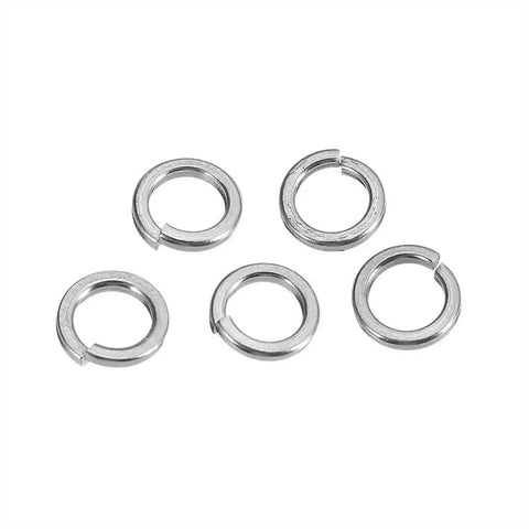Five 100 Pcs M4 304 Stainless Steel Split Lock Washers Set, Spring Washers for Fasteners, on white background