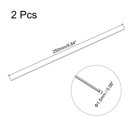 Set of 2 stainless steel capillary tubes, 250mm long, Ø1.5mm with 0.2mm wall, for industrial machinery.