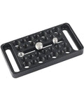 Universal Camera Cheese Plate Mounting Bracket With Quarter And Three Eighth Mounting Studs For Camera Cage black aluminum plate with threaded holes.