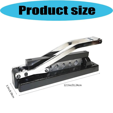 Heavy Duty H8 Hose Crimping Kit For Desk Or Portable Use, displaying size dimensions and metal lever on cast iron body.