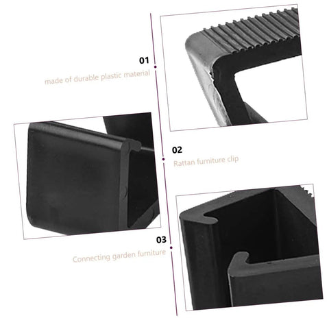 Close-up view of 8 Pieces Rattan Furniture Clips Outdoor Sofa Sectional Connectors, black plastic material, ridged design