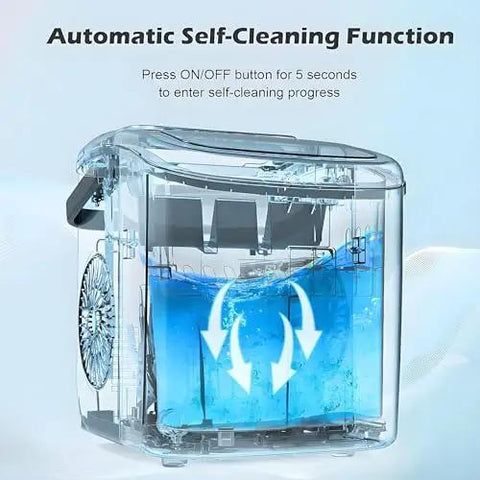 Kick Ass Portable Countertop Ice Maker Machine with transparent design showcasing automatic self-cleaning function and water flow.