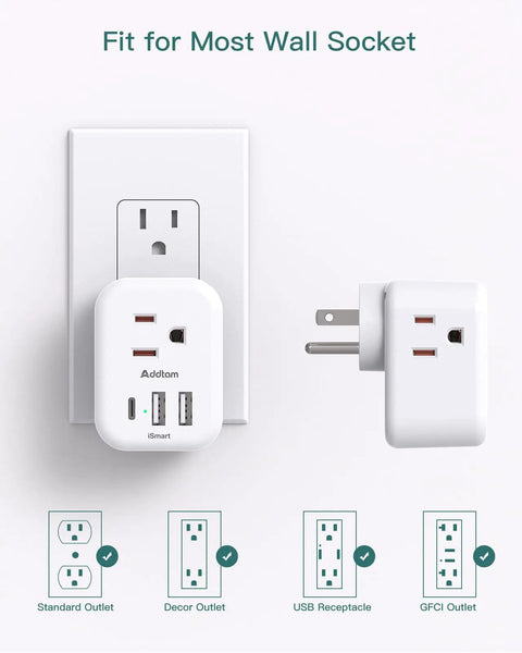 Two Pack Cruise Ready USB Outlet Extender With Three AC Outlets And USB Ports Including One USB C No Surge Protector ETL Listed Travel Power Strip attached to wall socket