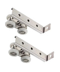 Rock Solid 4 Pack Zinc Alloy Sliding Door Rollers Heavy Duty Double Wheel Pulleys with silver brackets and wheels.