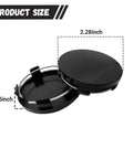 Crisp Black 4 Pack Wheel Hub Center Caps With Snug Snap Fit Tough Abs Shell, 2.28 inch, showing inner design and dimensions.