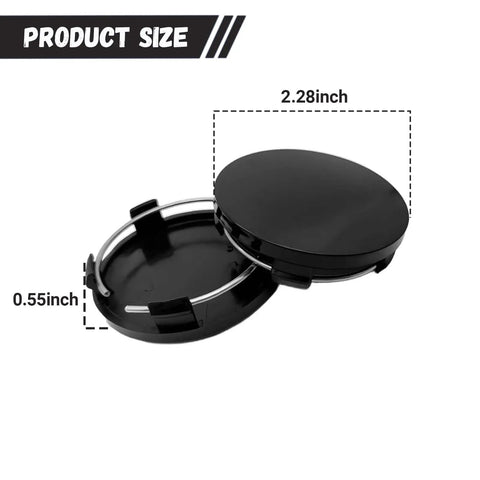 Crisp Black 4 Pack Wheel Hub Center Caps With Snug Snap Fit Tough Abs Shell, 2.28 inch, showing inner design and dimensions.