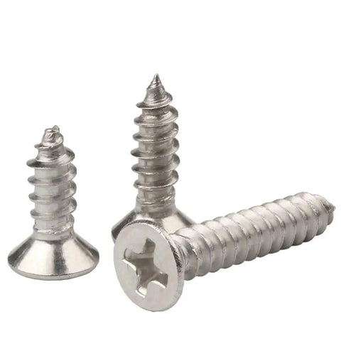 304 Stainless Steel Cross Recessed Countersunk Flat Head Self Tapping Wood Screws Set, 10 To 50 Pcs, Sizes M1 Through M8 (M5 Range), 35mm Length, Corrosion Resistant, Driver Friendly Flush Mount, Easy Install screws displayed