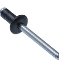 Close-up of a heavy duty black aluminum blind rivet for fuel door repair in Toyota and Lexus models, part of the No Sweat Repairs With This 10 Pack Heavy Duty Fuel Door And Specialty Rivet Kit Designed Tight For Toyota And Lexus Rides Like Camry Corolla Highlander Prius Chr4runner Swapping In Pn 9026906017 90269a0005 For A Clean Install.