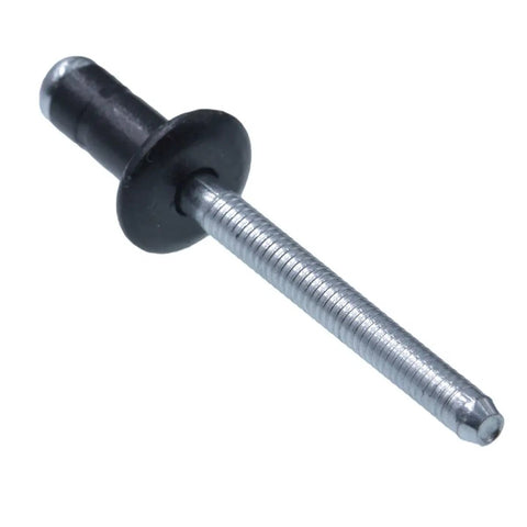 Close-up of a heavy duty black aluminum blind rivet for fuel door repair in Toyota and Lexus models, part of the No Sweat Repairs With This 10 Pack Heavy Duty Fuel Door And Specialty Rivet Kit Designed Tight For Toyota And Lexus Rides Like Camry Corolla Highlander Prius Chr4runner Swapping In Pn 9026906017 90269a0005 For A Clean Install.