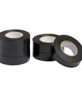 Electrical Tape Three Quarter Inch Black Vinyl With Strong Adhesive Six Pack for Home DIY Repairs, rolls stacked and side by side.