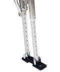 Close-up of adjustable 24 to 40 inch drywall stilts for painting and cleaning, showing lightweight aluminum and rubber soles.
