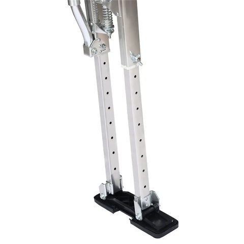 Close-up of adjustable 24 to 40 inch drywall stilts for painting and cleaning, showing lightweight aluminum and rubber soles.