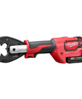 M18 Cordless Utility Crimping Kit Featuring 6 Ton Crimping Pressure D3 Groove And Fixed O Dies Hardcore Workhorse Design view of crimping tool with jaws open.