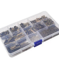 100 Sets Bronze Ribbon Crimps Kit With Lobster Clasps And Chain Extenders in a transparent box, assorted sizes visible
