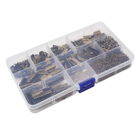 100 Sets Bronze Ribbon Crimps Kit With Lobster Clasps And Chain Extenders in a transparent box, assorted sizes visible