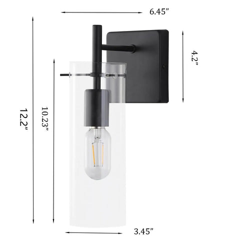Black Wall Sconce Set Of 2 Modern Bathroom Vanity Lights Featuring Clear Glass Shades And Sturdy Metal Black Finish Perfect Wall Lighting Fixtures For Bedroom Mirror Living Room Farmhouse Decor Easy Installation Up Or Down Mount. Image shows one sconce with dimensions 12.2 H x 4.2 W.