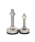 Image of two Four Pack Adjustable Stainless Steel Furniture Feet With Universal M8 M10 M12 M14 Threads And Grippy Rubber Base Glides.